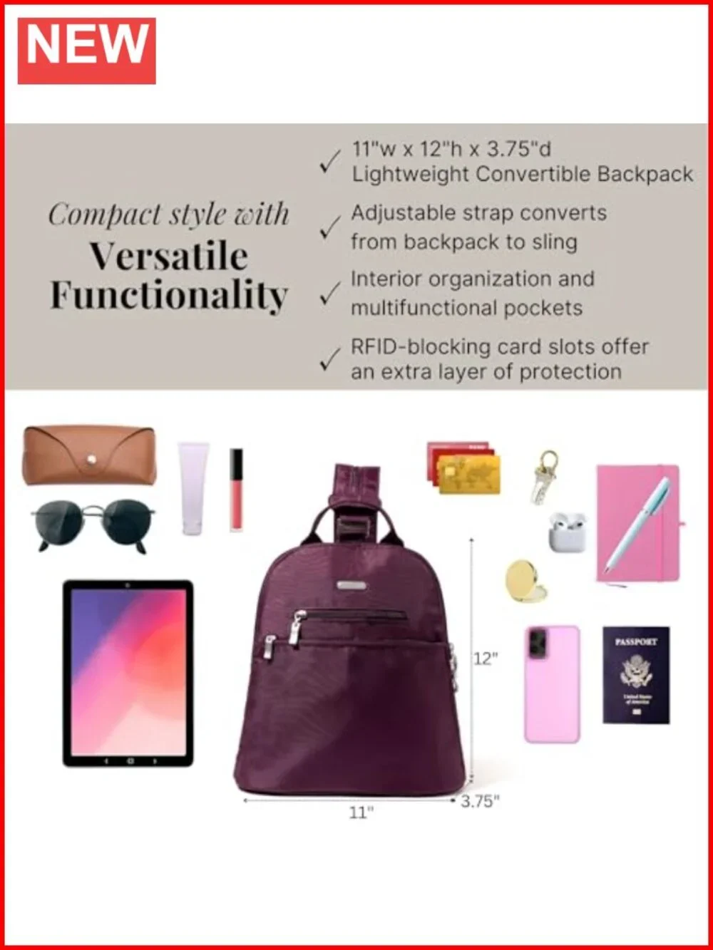 Convertible Backpack Sling Travel Daypack RFID Blocking Lightweight Machine